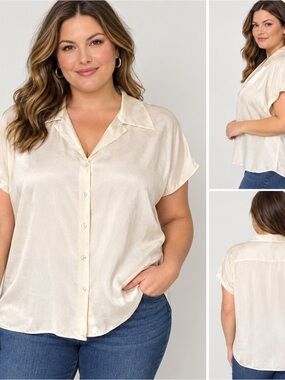 Vince 100% Silk Blouse Women’s 3X Ivory Champagne Button Front Short Sleeve